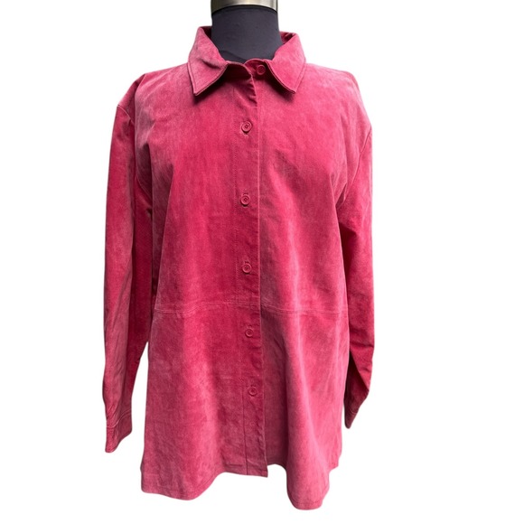 Dialogue 3X Pink Suede Leather Jacket Button Front Oversized Coat Plus Size - Picture 1 of 5